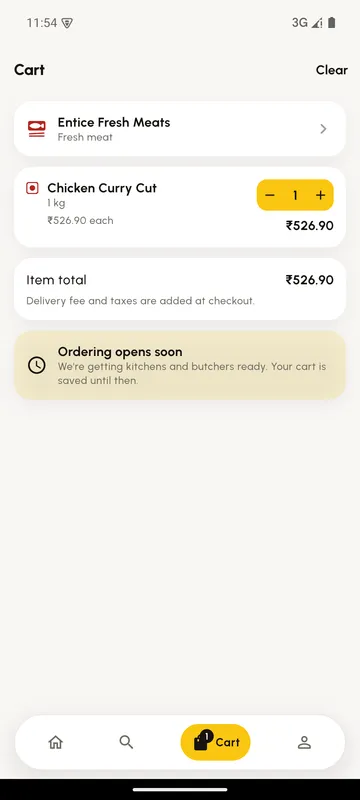 The Entice cart: Chicken Curry Cut, 1 kg, ₹526.90, with the item total
