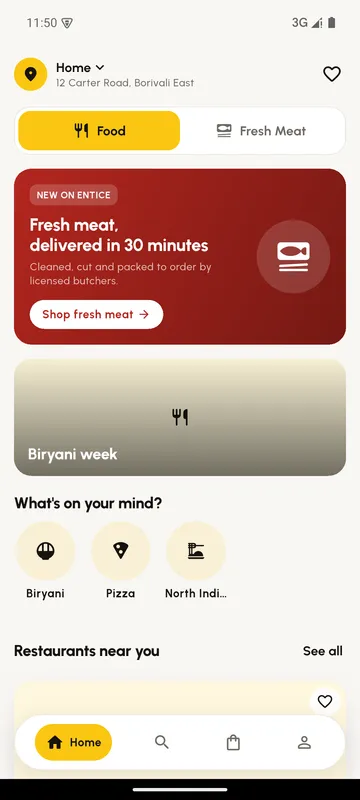 The Entice app home screen, with the Food and Fresh Meat switch and nearby restaurants