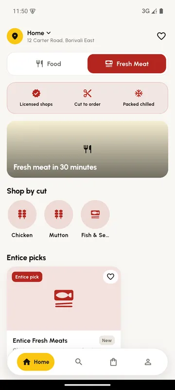 The Fresh Meat side of the Entice app: licensed shops, cut to order, packed chilled